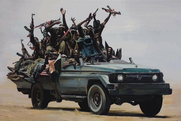 A blue pickup truck full of people with guns is driving through the desert