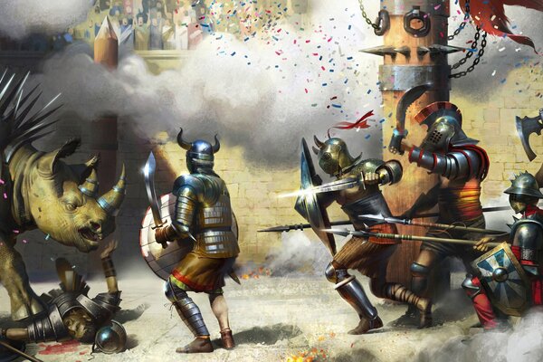 Gladiadores contra rinocerontes. Batalla