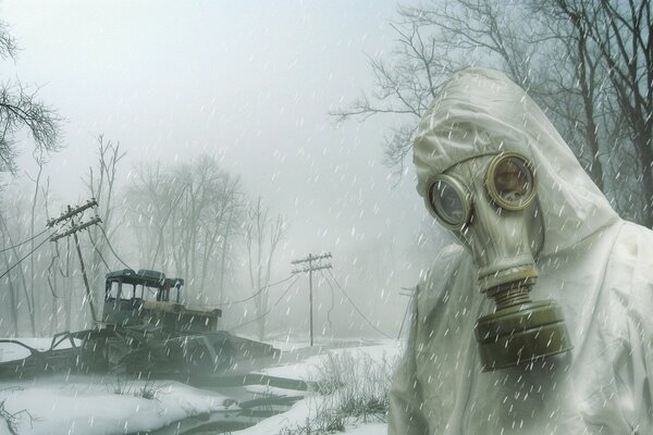 Człowiek i maska gazowa długa zima
