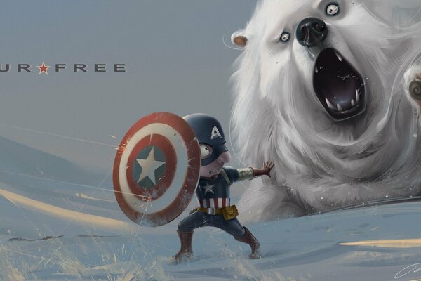 Капитан Америка с щитом и белым медведем