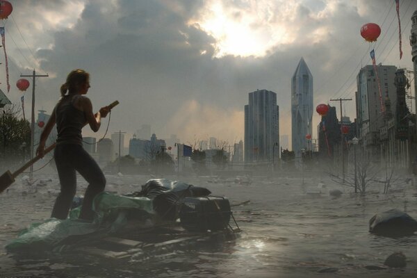 Ragazza sulla barca tra i lavori allagati