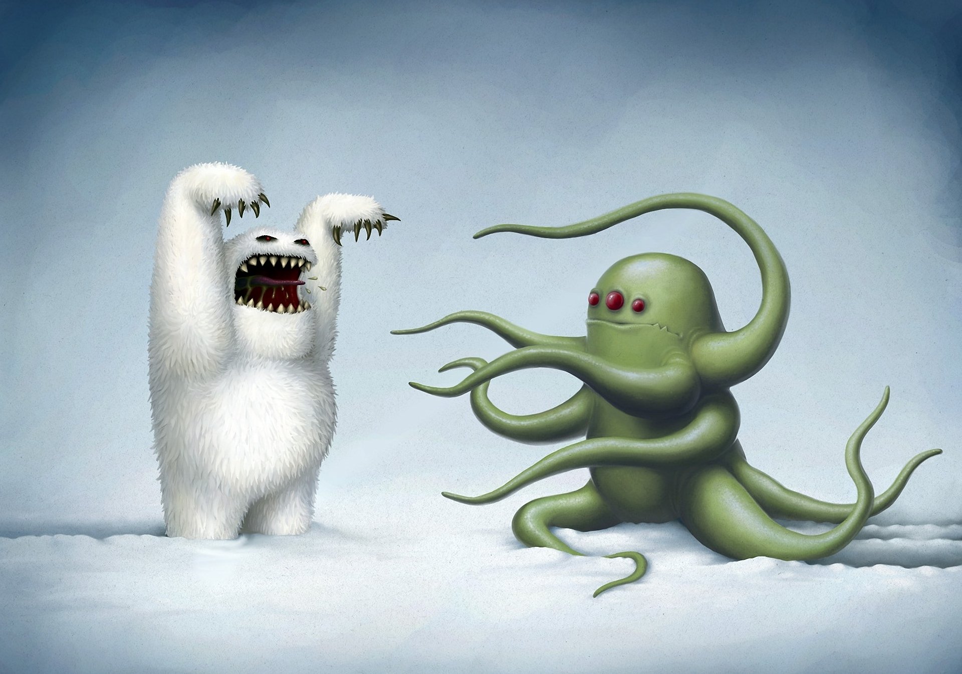 picture rob sheridan monsters snow winter octopus yeti three eyes scare black humor