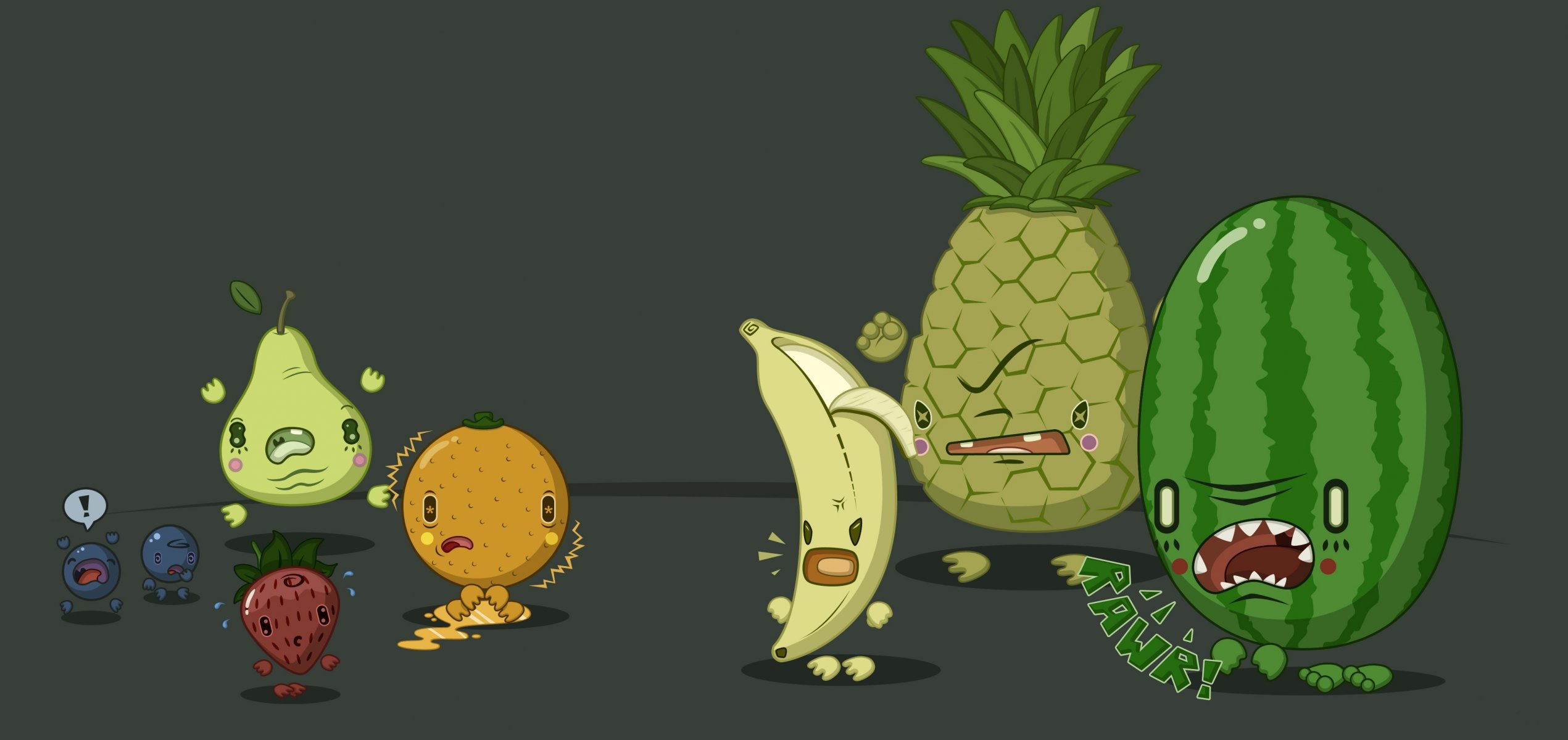 situation de fruits banane pastèque poire orange ananas baies grandes маленикие humour