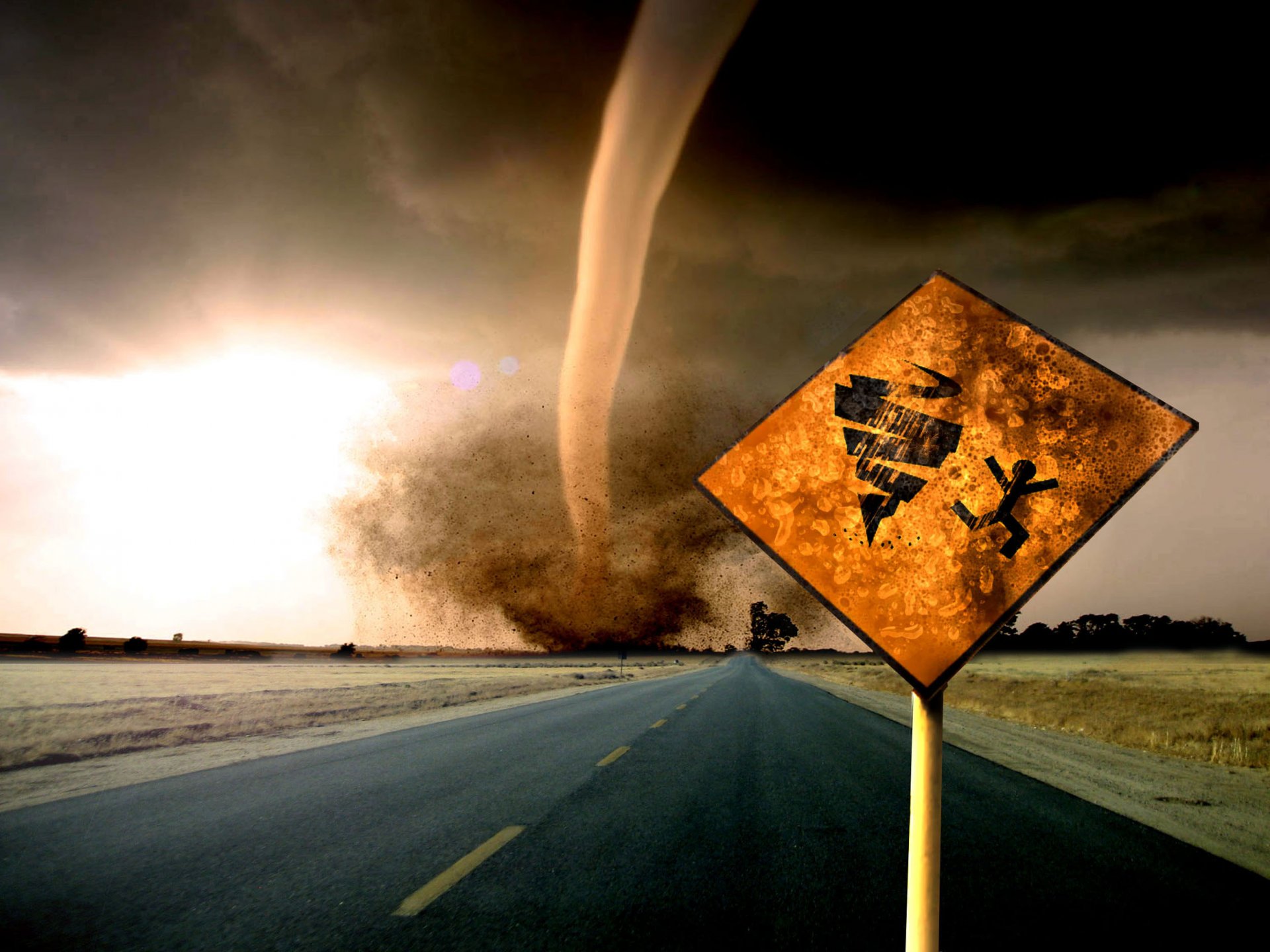 tornado tornado storm cloudy road highway sign sign warning danger