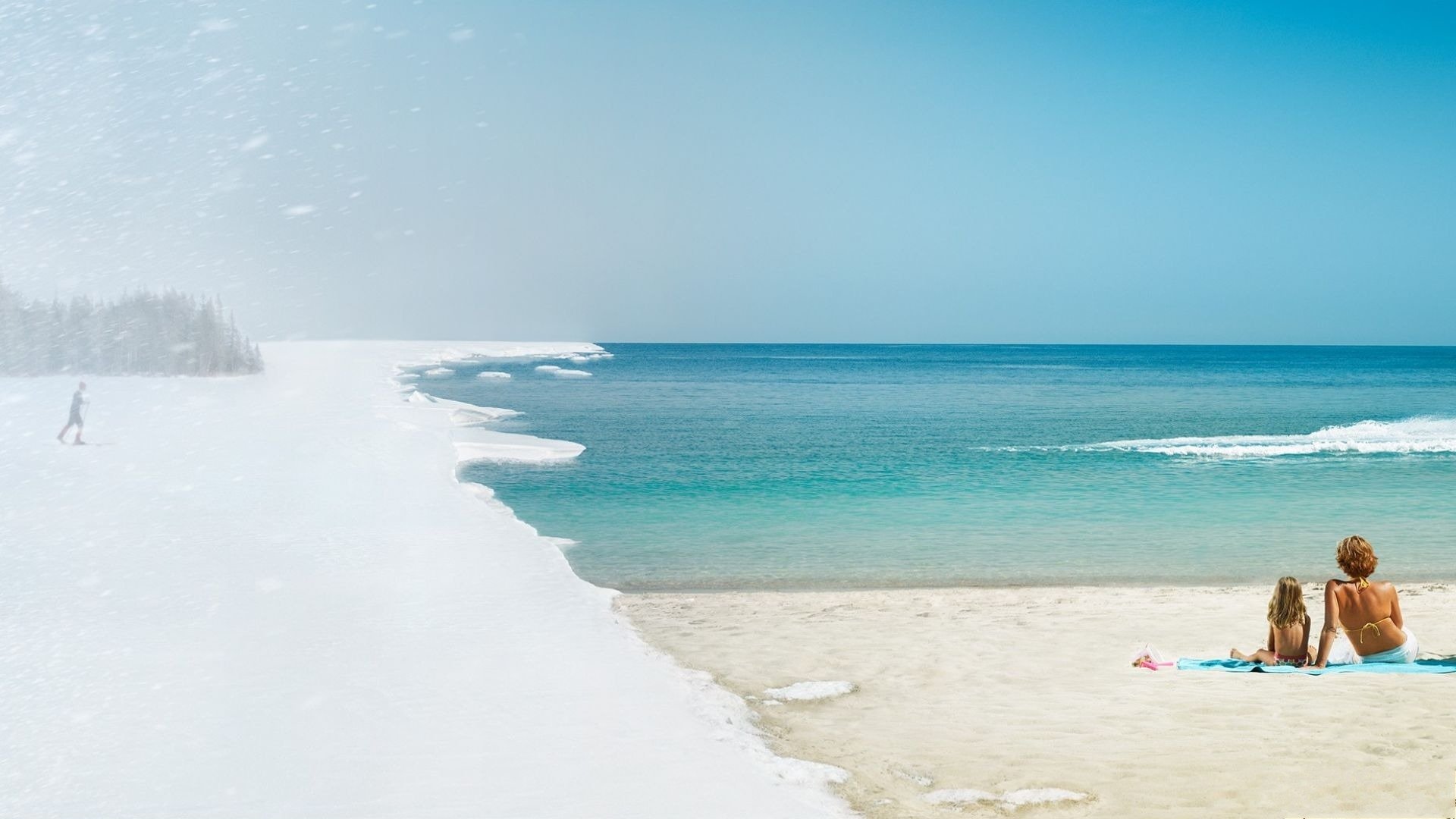 océano invierno verano calor frío nieve esquiador campistas arena