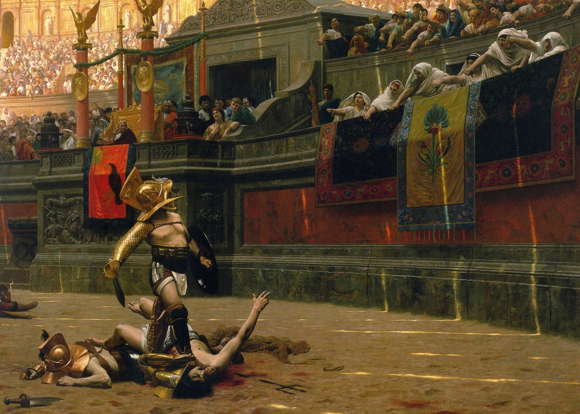 gladiador lucha muerte o vida roma imperio arena multitud gente coliseo pan y espectáculos luchador guerrero casco pintura batalla duelo vida o muerte sangre arena