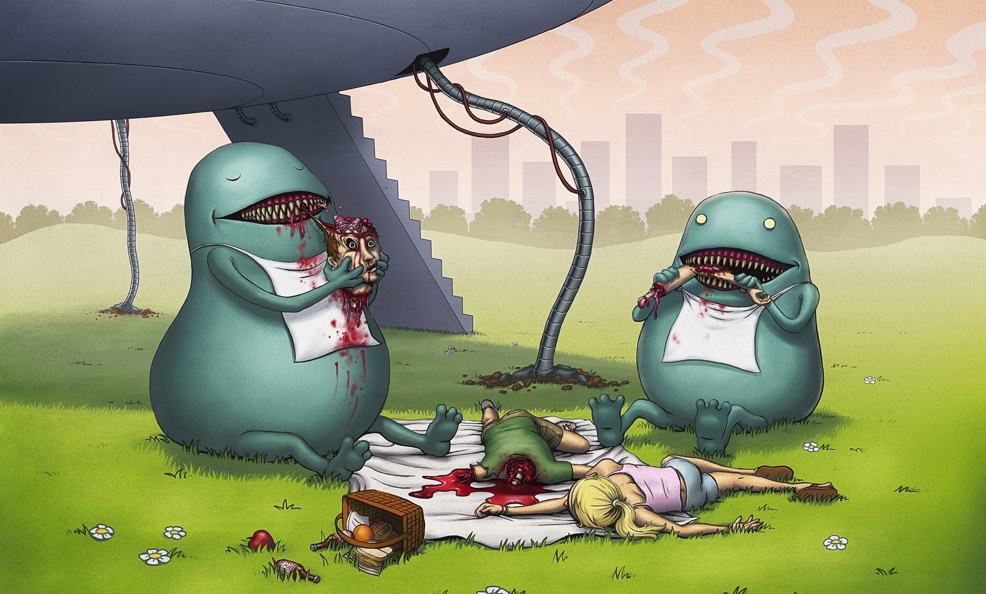 aliens ufo monsters people corpses food picnic picture