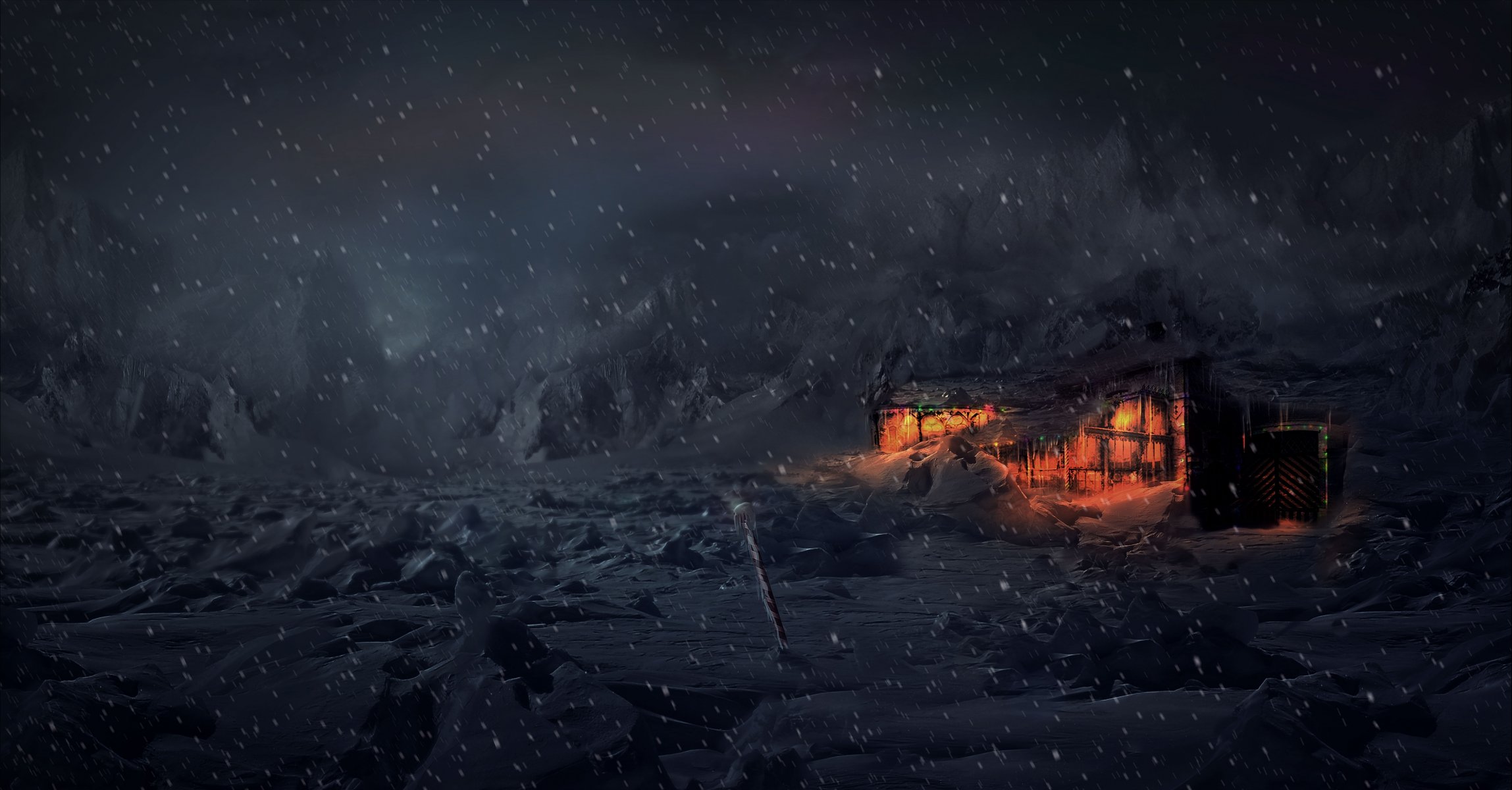 animation konzeptkunst cg computergrafik videospiele vfx winter schnee tundra haus nacht