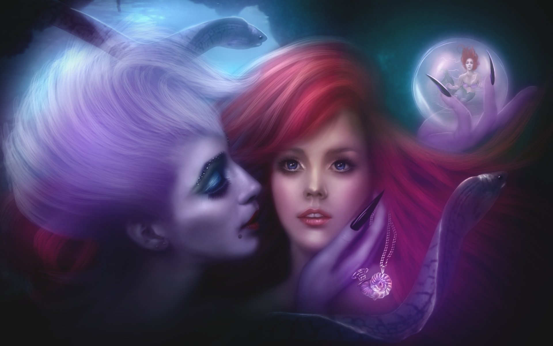 sirenita fanart fantasía oscura cine película de animación walt disney princesa ariel ursula bruja cuento de hadas elección tentación pequeña sirena dibujos animados sirena fantasía oscura mascota concha