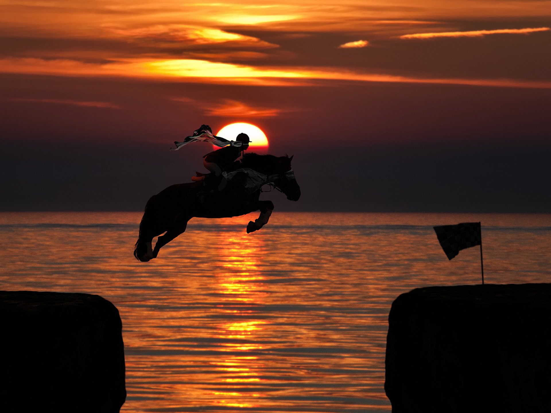 horseman horse jump sun sunset ocean