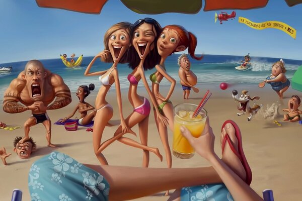 Funny drawing on the background of the sea with girls