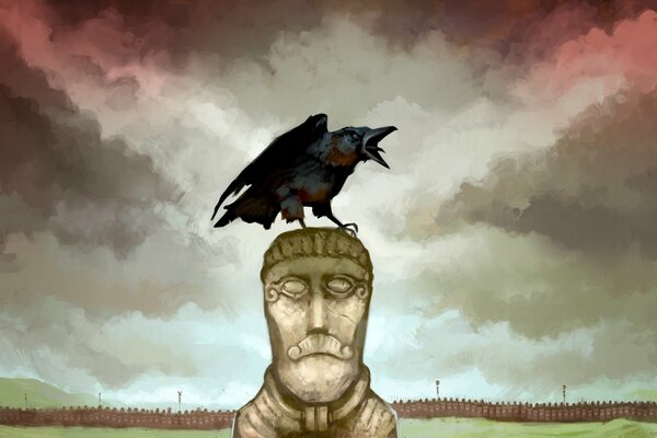 Ворона сидит на голове у каменного идола
