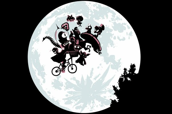 Monster auf dem Fahrrad auf dem Mond Hintergrund