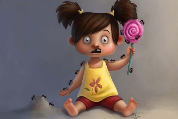 Una chica con un Lollipop va hormigas