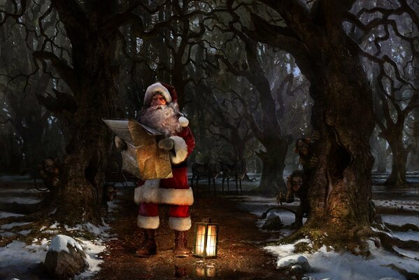 Dibujo de Santa Claus perdido en el bosque