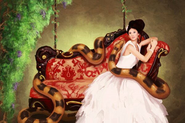 A girl in a wedding dress is sitting on a sofa with a snake