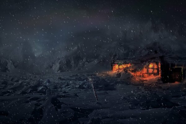 A house in the middle of the tundra on a snowy night