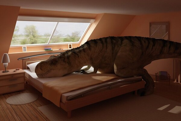 Un énorme dinosaure, le vacancier sur le lit dans la chambre de la pêche de tons dans le grenier