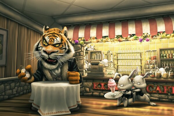 Art Tiger siedzi w kawiarni i czeka na zamówienie. Króliki fitziant boją się służyć tygrysowi