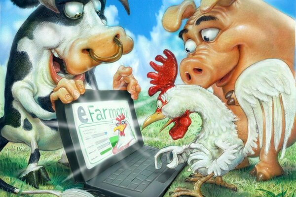 Funny picture of a rooster pig and cow looking at a laptop