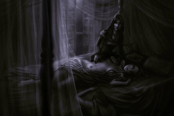 Image of two girls on a bed in a dark room