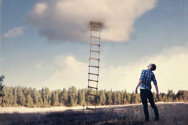 A strange image of a guy looking at the sky