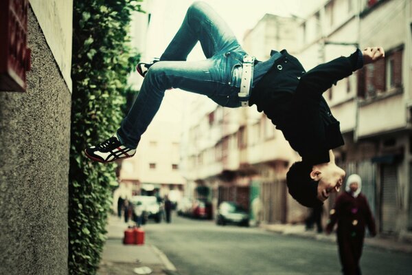 Somersaults in the city center in front of similar