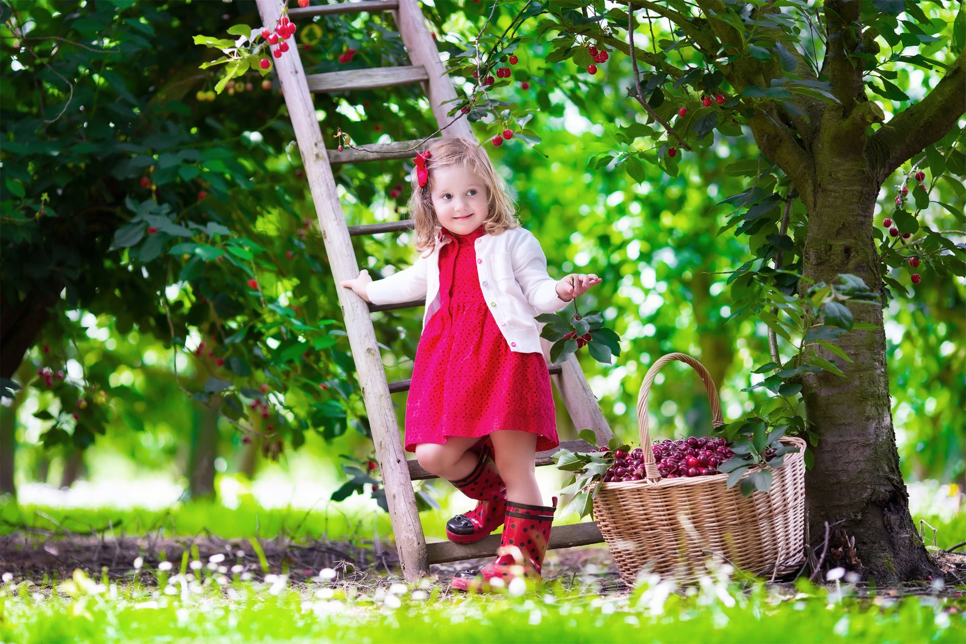 bebé niña cereza jardín bonito verano niña vestido escalera verano estado de ánimo