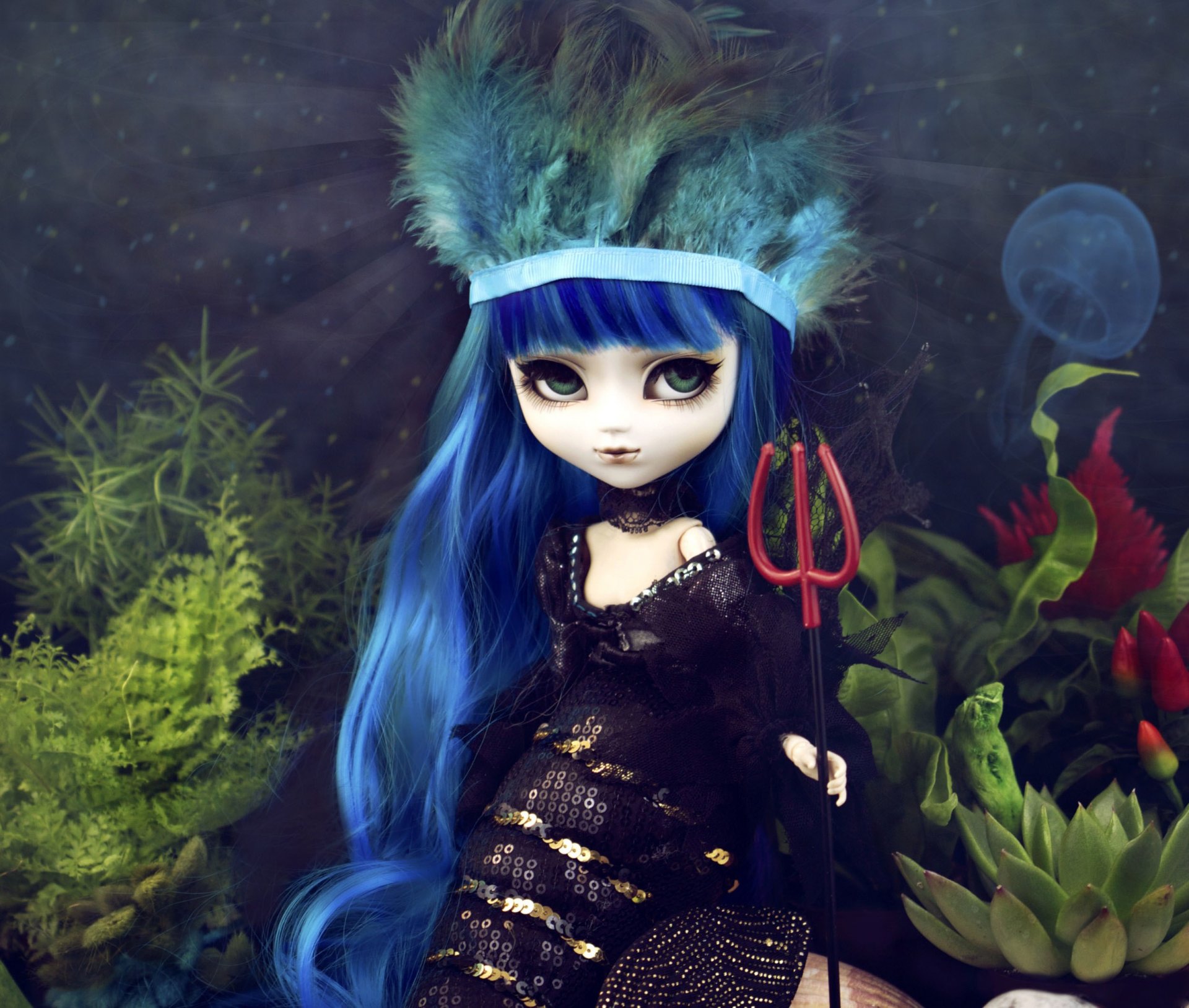 doll toys mermaid view long hair blue trident medusa algae water