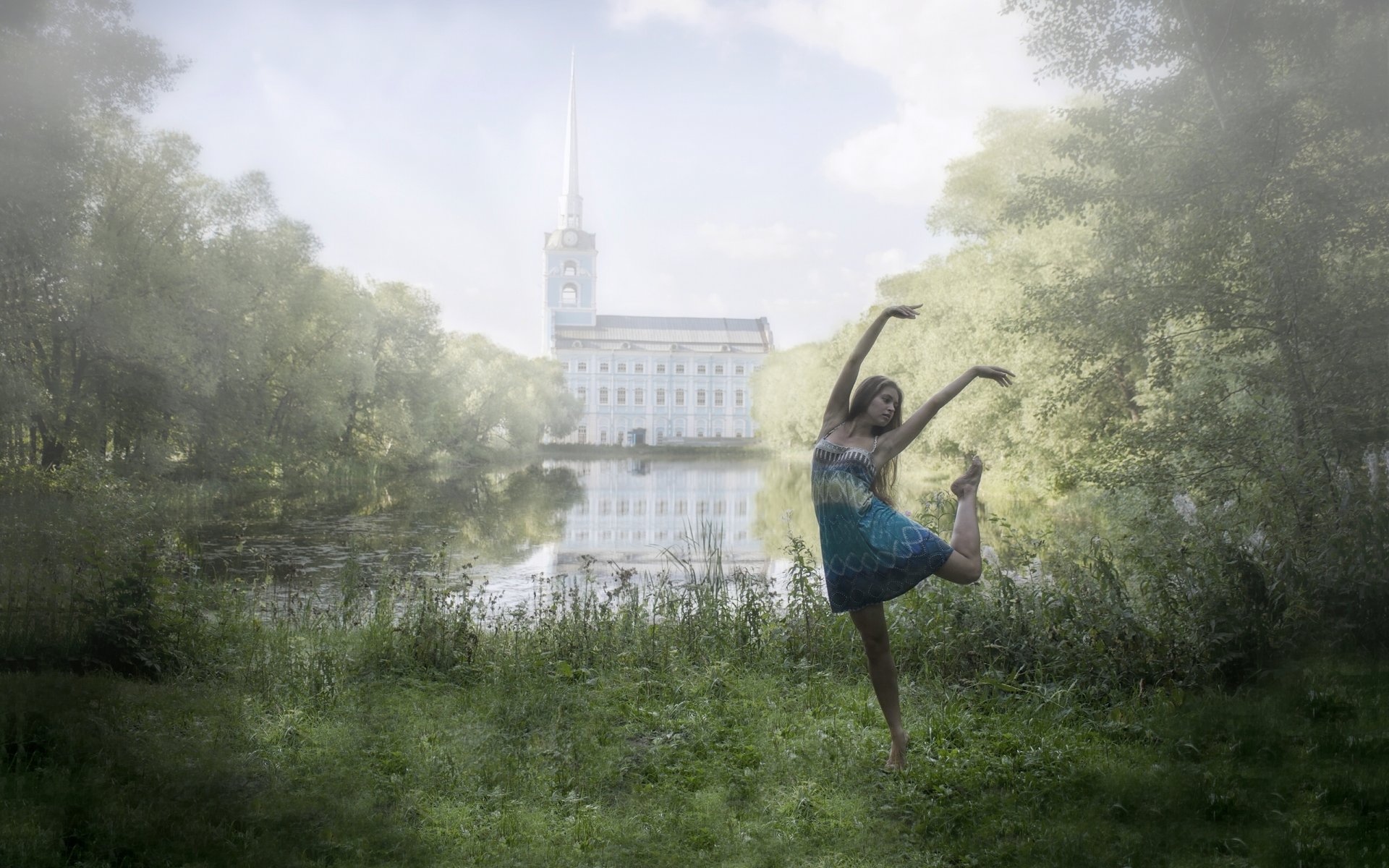 chica danza estado de ánimo estanque parque naturaleza