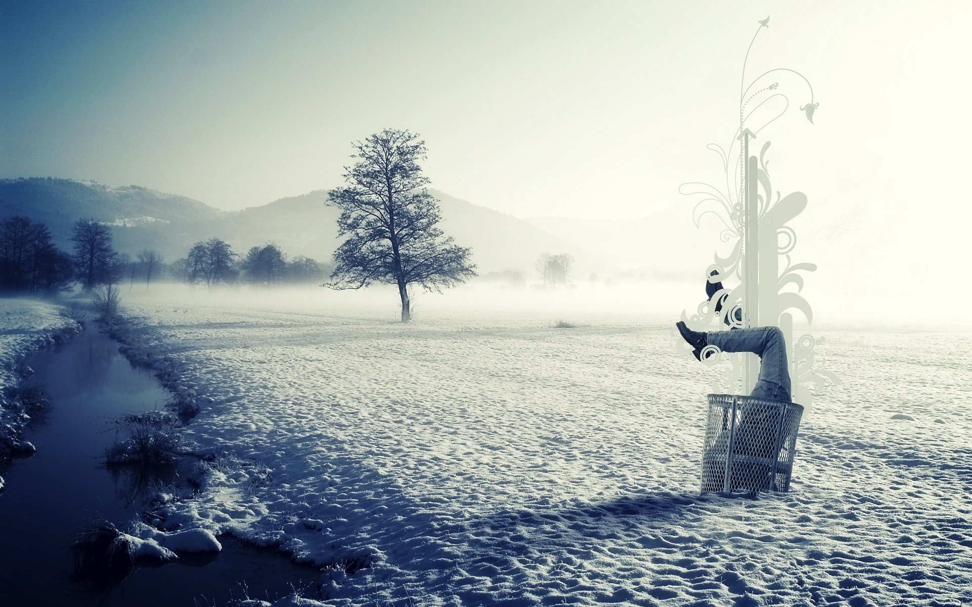 dans le banc de neige dans la neige la moitié les jambes le torse la neige l hiver la rivière la glace le style le brouillard la corbeille les ordures la propreté la nature le paysage