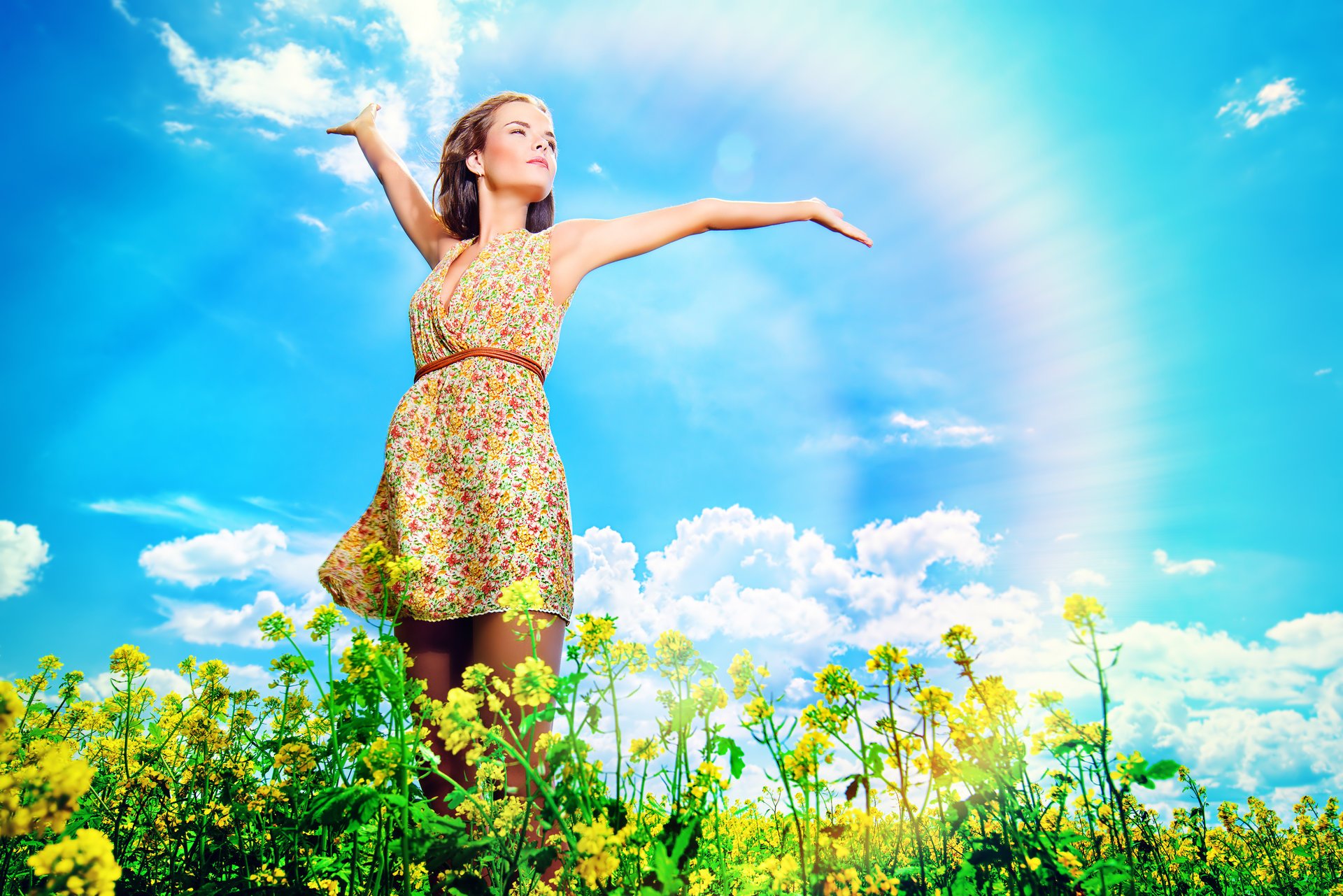 nature sky clouds rainbow wildflowers girl brown-haired wild flowers brown hair