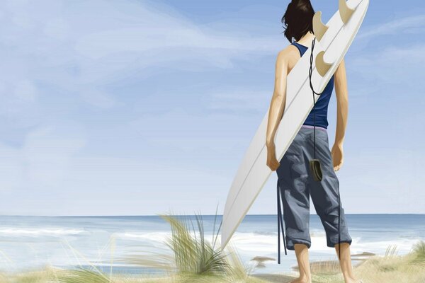 Surfer on the beach, drawing of the sea