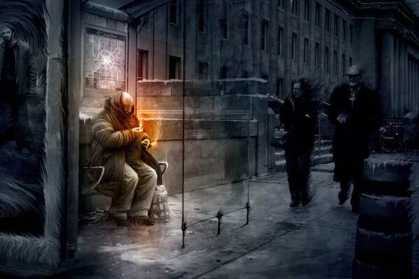 Gloomy cold Moscow with the image of a man warming himself from a candle