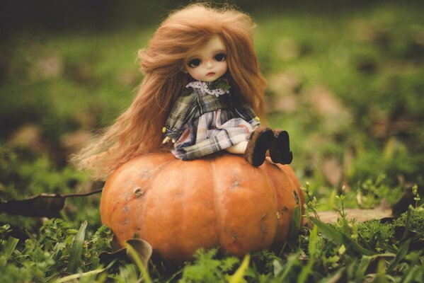 A red-haired doll is sitting on a pumpkin