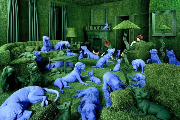 Green room with blue dogs and people