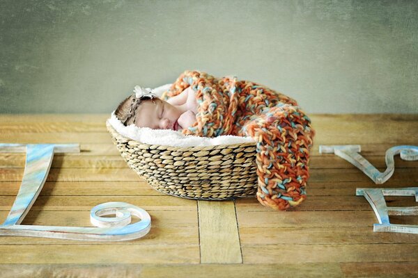 Baby photo shoot of a newborn in a basket