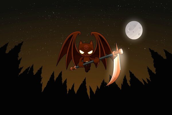 A bat with a scythe in the moonlight