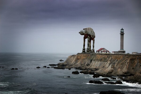 A big robot on the coast. Lighthouse