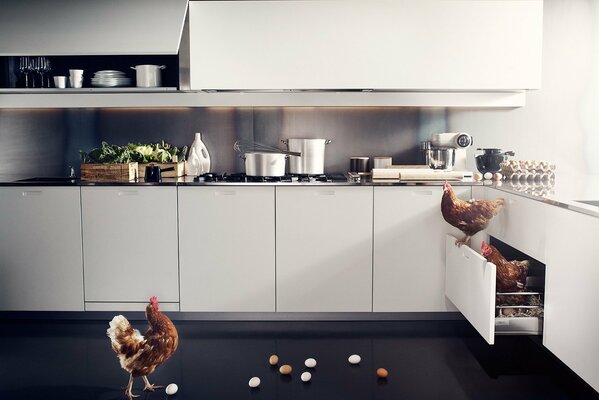 En la cocina, la gallina con el huevo y la Caja se abre