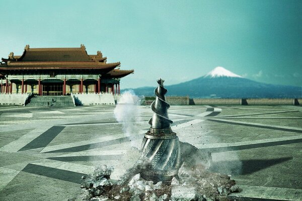 Atracciones en Japón. Monumento en forma de taladro en la Plaza