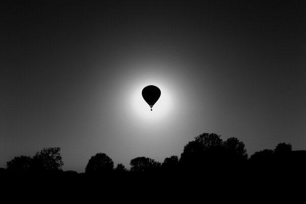 Ein Ballon über dem Wald . schwarzweißbild