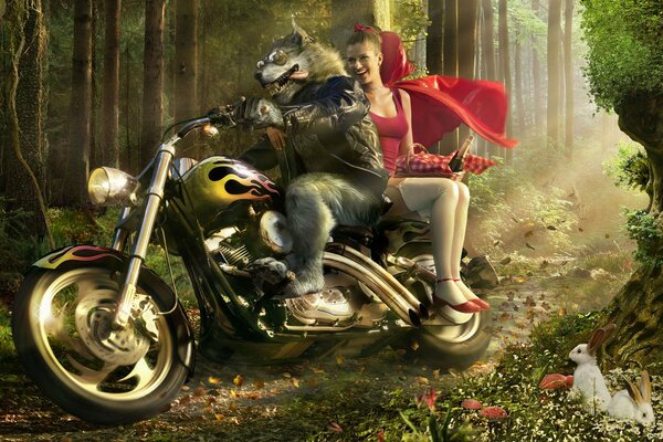 Caperucita roja en bicicleta con un lobo en el bosque