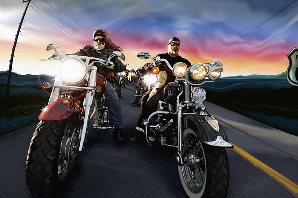 Cool bikers are racing along the night road