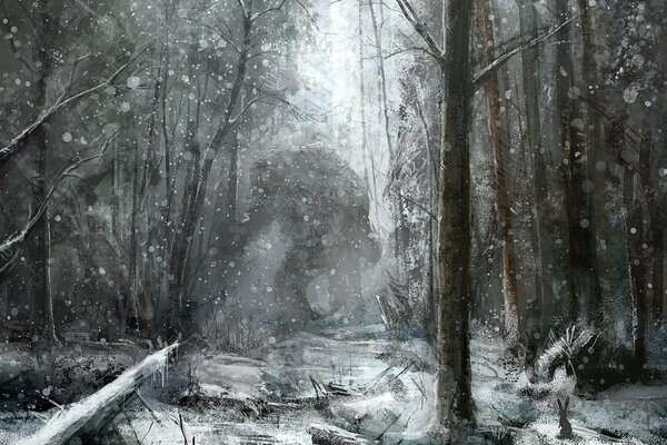 Disegno di un mostro nella foresta invernale