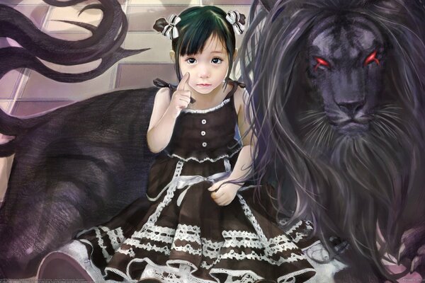 Drawing of a little girl playing with a black lion