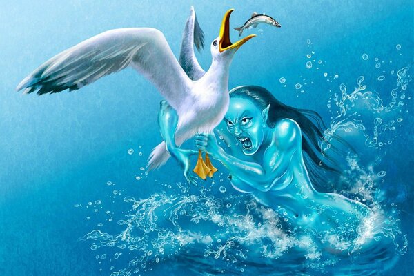 An evil mermaid caught a seagull by the paws