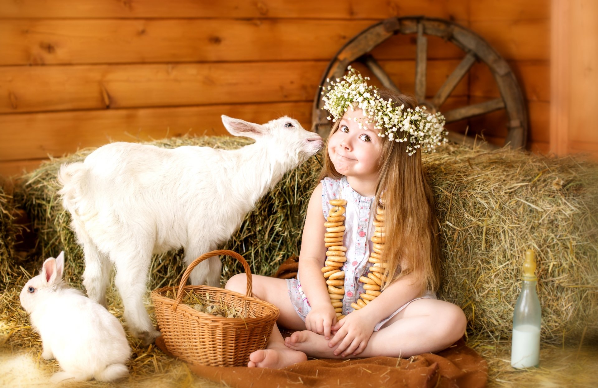 felicità ragazza corona essiccazione coniglio fieno infanzia latte cesto uova espressioni facciali cibo ruota animali bambini
