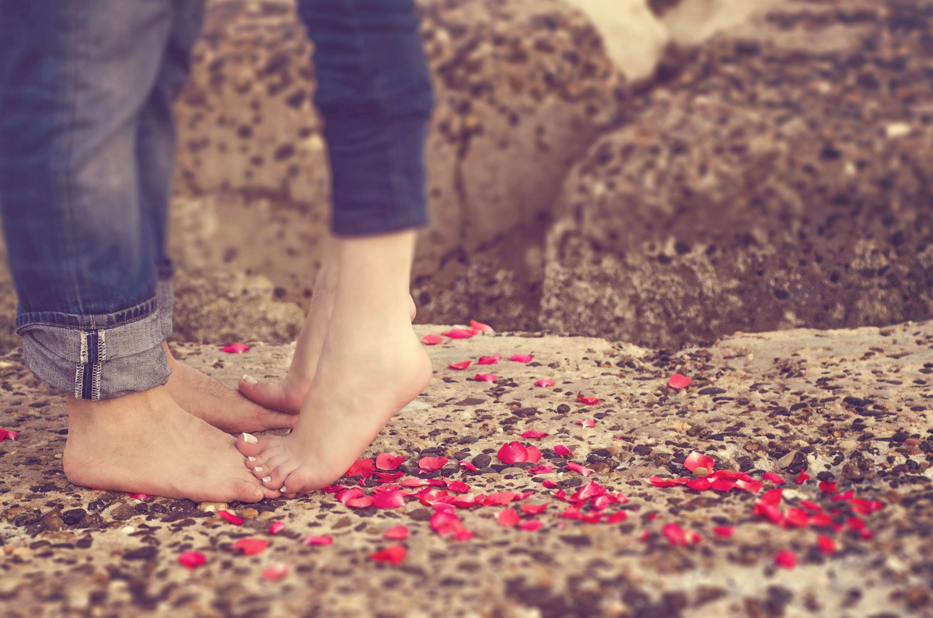 l amour romantique heureux une personne un couple des pétales des pieds