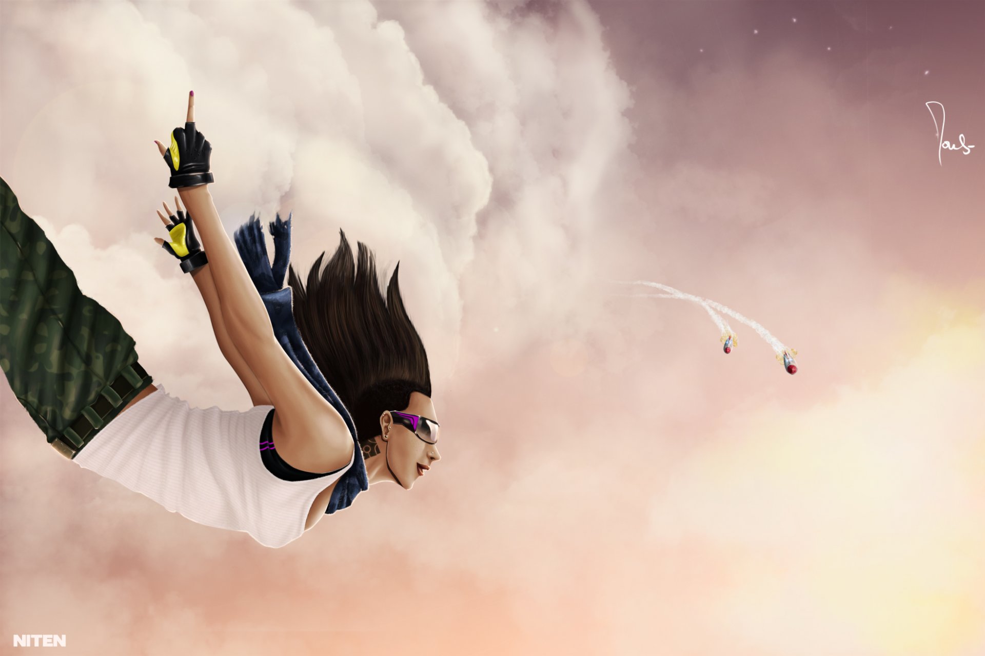 girl smile middle finger flight clouds rockets piercing